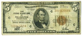 Fr.  1850c 1929 $5 Federal Reserve Bank Note Philadelphia Brown Seal