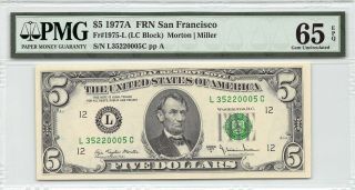 United States 1977a Fr.  1975 - L Pmg Gem Unc 65 Epq $5 Dollars Frn San Fransisco