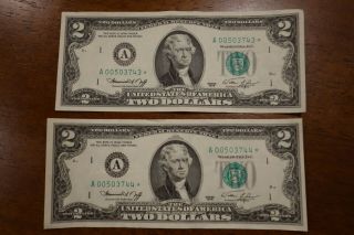 1976 $2 Dollar Us Bills Green Star 2 Consecutive Low Serial Numbers 005