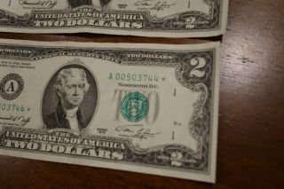 1976 $2 Dollar US Bills Green Star 2 Consecutive Low Serial Numbers 005 2