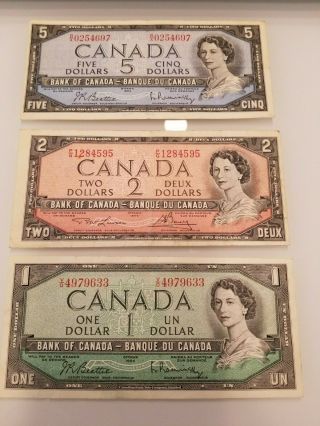 1954 Canada Canadian Bank Note Set $1,  $2,  $5,  3 Bills Circulated