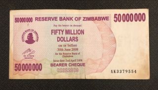 Zimbabwe 50 Million Dollars,  2008,  P - 57,  Bearer Cheque,  World Currency
