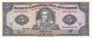 5 Sucres Unc Banknote From Ecuador 1988 Pick - 113d