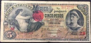 Banco Nacional De Mexico 5 Pesos September 1,  1909 Scarce Pre - Revolution Note