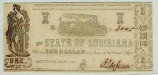 1864 The State Of Louisiana $1 Obsolete Currency Scrip Civil War Shreveport