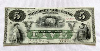 1862 Somerset & Worcester Savings Bank Maryland $5 Banknote Obsolete Au