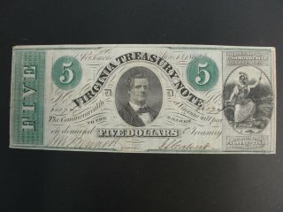 March 13 1862 Va Treasury Civil War Confederate Bank Note Five Dollar Bill