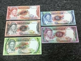 5 Specimen Notes Bank Of Swaziland 1 - 2 - 5 - 10 - 20 Matching Serial No.  Set 003770