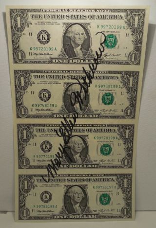 1993 - Uncut Sheet Of 4 $1 Bills - Federal Reserve Note - Signed By Mary Ellen Withrow