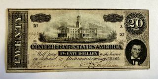 Civil War Confederate 1864 20 Dollar Bill Richmond Virginia Paper Money Currency