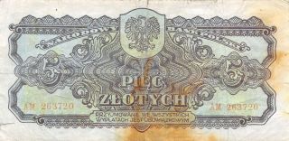 Poland 5 Zlotych 1944 Series Am Wwii Issue Circulated Banknote Jlb27