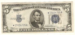 1934 - C $5.  00 Silver Certificate Star Note Vf,