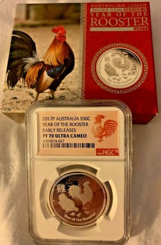 2017 P Australia Silver Lunar Year Of The Rooster 1/2 Oz Ngc Pf70 Ultra Cameo Er