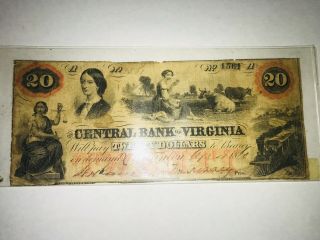 1860 $20 The Central Bank Of Virginia Obsolete Banknote Staunton,  Va