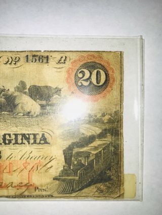 1860 $20 THE CENTRAL BANK OF VIRGINIA OBSOLETE BANKNOTE STAUNTON,  VA 4