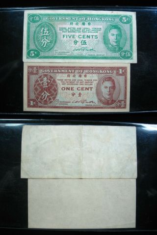 Hong Kong 1 & 5 Cent 1945 Pair Kgv British 40 World Currency Money Banknote