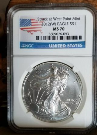 2012 (w) Burnished American Silver Eagle Ngc Ms70 Early Releases Blue Flag Labe