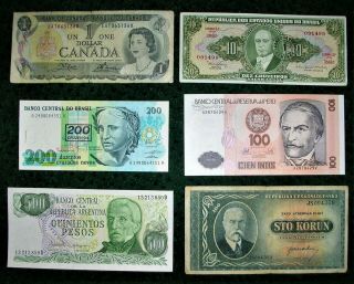 6 International Bank Notes,  Canada,  South America And Czechoslovakia,  Unc &