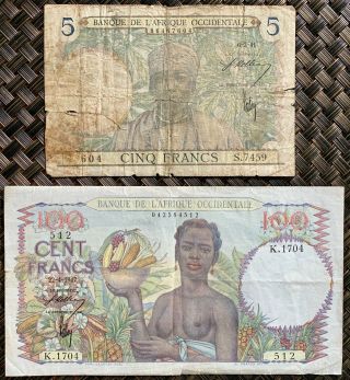 French West Africa 1947 100 Franc & 1941 5 Francs (p40,  P21) Occidentale Set