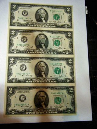 1976 $2 Dollar Rare 4 Note Sheet Frn,  Atlanta (f - 6) Star Note Hi - Gem See Pix