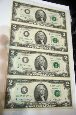 1976 $2 Dollar Rare 4 Note Sheet 1 Frn,  Cleveland (d - 4) Star Note Hi - Gem See Pix