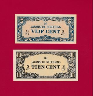Netherlands Indies Unc War Notes 5 Cents 1942 (p - 120c) & 10 Cents 1942 (p - 121c)