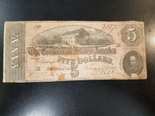 1864 Csa Confederate Currency Note $5 Dollar T69