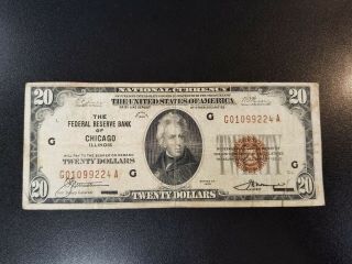 1929 $20 National Currency Federal Reverse Bank Chicago Note