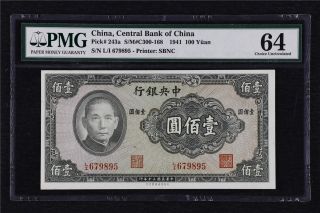 1941 China Central Bank Of China 100 Yuan Pick 243a Pmg 64 Choice Unc