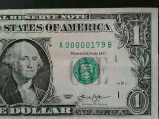 Us $1 2013 Federal Reserve Note,  Very Low 3 Digit Serial A 00000179 B