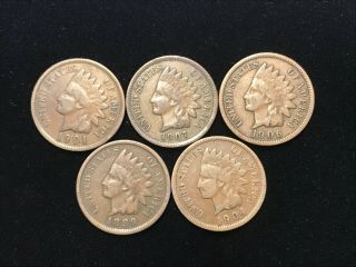 Group Of Five (5) Indian Head Cents - Various Dates - Good & Better
