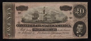 Higher Grade 1864 $20 Confederate Civil War Era Twenty Dollar T - 67