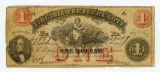 May 15,  1862 Cr.  16 $1 Virginia Treasury Note - Civil War Era