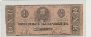 Confederate $1 Dollar Note 1863