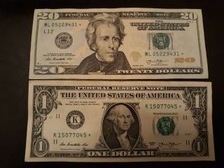 2013 $20 Twenty Dollar Bill Star Note U.  S.  Currency Ml 05229431 & $1 One Star