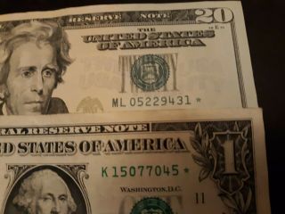 2013 $20 Twenty Dollar Bill STAR Note U.  S.  Currency ML 05229431 & $1 one star 2