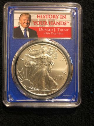 2019 $1 American Silver Eagle Pcgs Ms70 Blue - Trump Label - First Day Of Issue