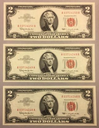 1963 $2 Red Seal Notes - 3 Consecutive - Crisp Unc Notes - Gems