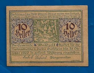 1920 Waldzell Austria 10 Heller Notgeld Note Emergency Money Note Bill
