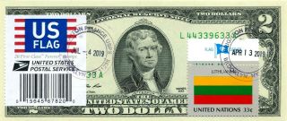 $2 Dollars 2013 Stamp Cancel Flag Of Un From Lithuania Lucky Money Unique $125