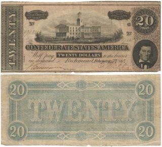1864 Confederate States $20.  00 Note Type 67 With 1 Flourish,  Series 1 Civil War
