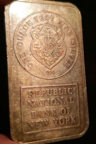 Toned Johnson Matthey {republic National Bank Of York Bar 1 Oz Fine Silver