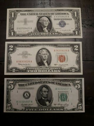 3 Different Seal Colored Notes - $5 1950a - 1963 - $2 - 1957 $1 Silver Cert - - Gems