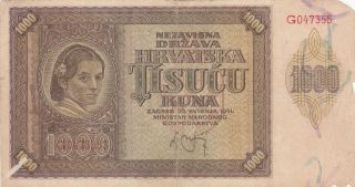 1000 Kuna Vg Banknote Issued By The Nazi Government In Croatia 1941 Pick - 4