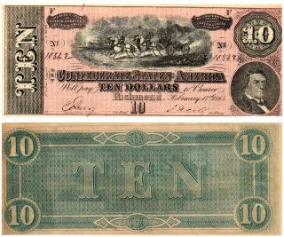 1864 $10.  00 Csa U.  S.  Civil War Currency Famous Horses Pulling Cannon T - 68 Unc