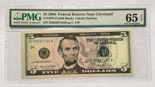 2006 $5 Cleveland Frn,  Pmg Gem Uncirculated 65 Banknote