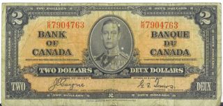 Bank Of Canada 1937 $2 Two Dollars Coyne - Towers K/r Prefix Vg King George Vi
