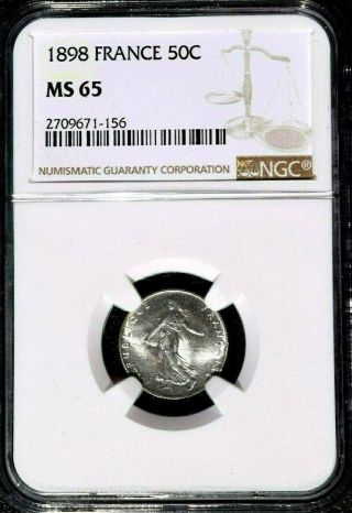 1898 France 50 Centimes,  Ngc Ms 65,  Brilliant White