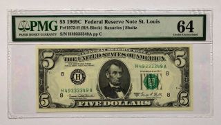 1969c $5 St Louis Frn,  Pmg Choice Uncirculated 64 Banknote,  Serial Number