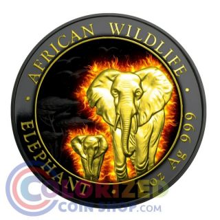 2015 1 Oz Fine Silver Burning Elephant Somalia 24k Gold Gilded Coin